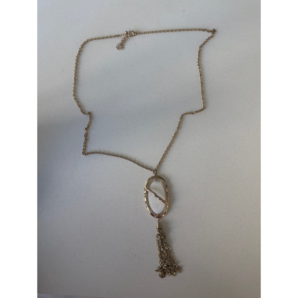 Gold Tone Long Tassel Necklace White Oval Shell Inlay Pendant Boho Statement